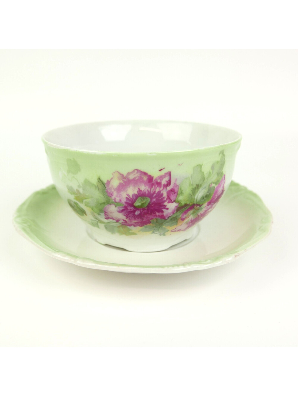 Antique Porcelain Handleless Teacup & Saucer Victorian Green Purple Pink Floral